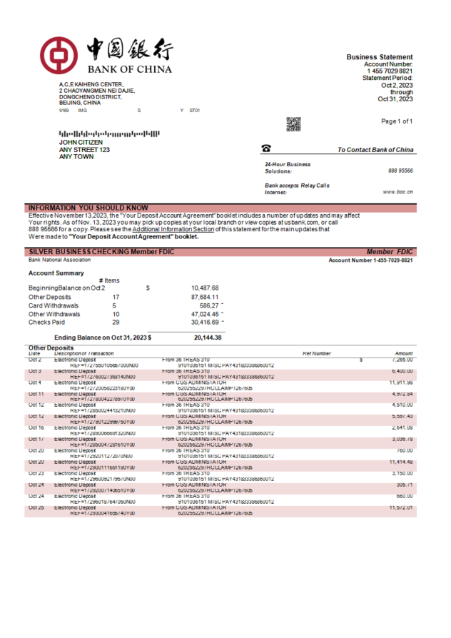 Modèle Word et PDF de déclaration d'entreprise de la Banque de Chine